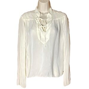 AS IS Vtg Johnny Was Sheer Rayon Top Peasant Blouse Lace up Embroidered S Boho